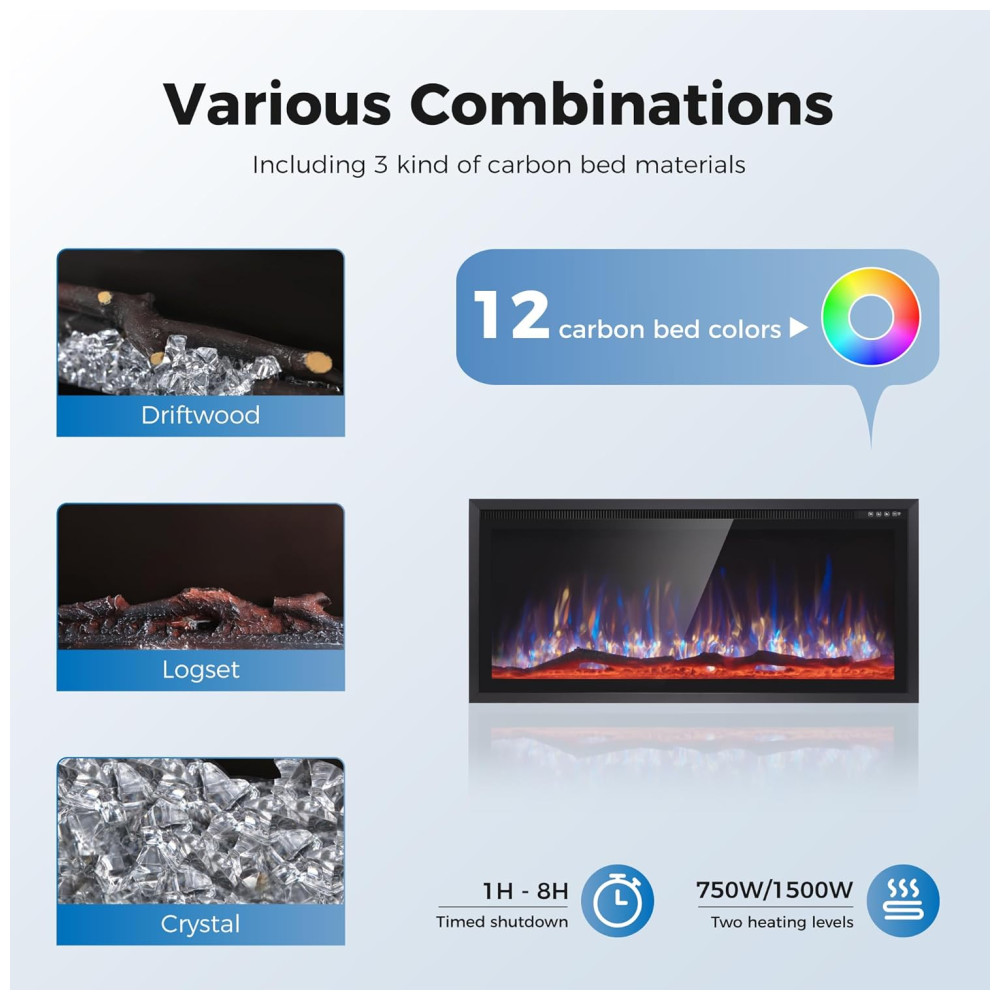 Lareira Elétrica de Parede MAISON ARTS 106 cm para Uso Interno Controle Remoto Tela Touch 1500/750W Chama LED Ajustável - Imagem 5