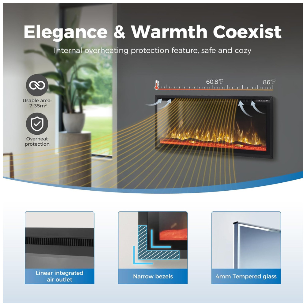 Lareira Elétrica de Parede MAISON ARTS 106 cm para Uso Interno Controle Remoto Tela Touch 1500/750W Chama LED Ajustável - Imagem 6