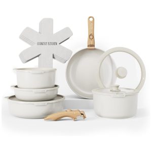 Jogo de Panelas e Frigideiras Material em Alumínio com 16 Peças e Cabo de Madeira Removível Country Kitchen Creme