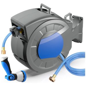 Mangueira de Jadim 30M com Enrolador Retrátil Bico Pulverizador de 10 Padrões Rebobinamento Lento Automático e Trava REDUCTUS Cinza e Azul