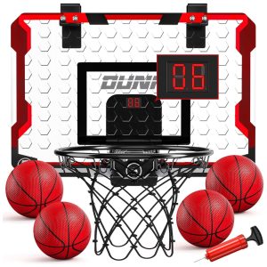 Mini Cesta de Basquete com 4 Bolas Placar Eletrônico e Som de Torcida Brinquedo Ideal para Crianças e Adultos TEMI Branco e Vermelho