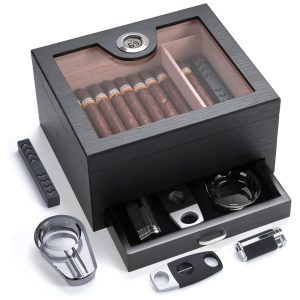 Umidor de Charuto com Gaveta Cedro Espanhol 50 Charutos Higrômetro Digital Umidificador Cinzeiro - Kit Completo CINOROW