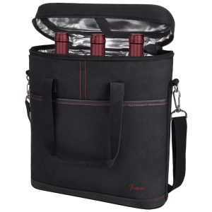 Tirrinia Bolsa Térmica Para Transporte de Vinhos até 3 Garrafas com Alça Ajustável Preta