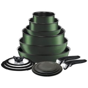Jogo de Panelas Potes e Frigideiras Antiaderentes em Alumínio com 14 Peças e Cabo Removível T-Fal Verde Floresta