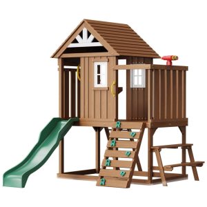 Playground VEVOR Casa de Brinquedo de Madeira Outdoor Playhouse Moderno em Cedro para Crianças de 3-10 Anos com Escorregador Escada.