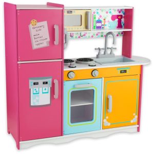 Cozinha Infantil de Madeira com Telefone Torneira e Pia Realistas para Crianças de 3 a 8 Anos WoodenEdu Amarela e Rosa