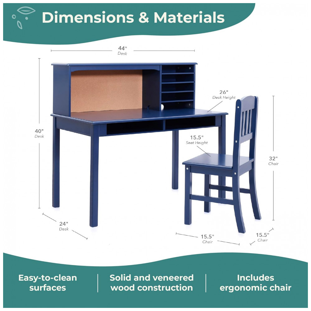Escrivaninha infantil Guidecraft Kids’ Media Desk azul marinho com hutch nichos e cadeira em madeira para estudo e uso de computador - Imagem 2