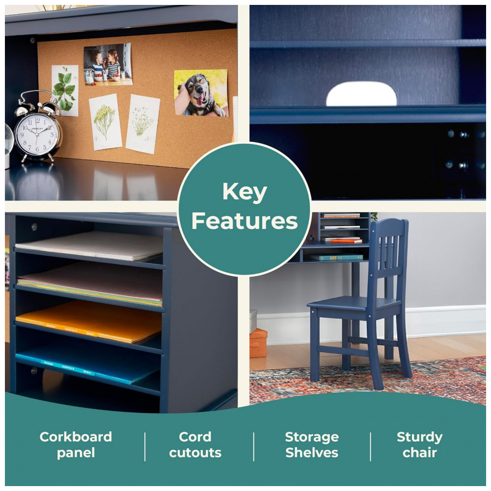 Escrivaninha infantil Guidecraft Kids’ Media Desk azul marinho com hutch nichos e cadeira em madeira para estudo e uso de computador - Imagem 4
