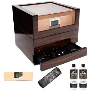 Umidor de Charutos TUTUNES: Caixa Artesanal de Cedro Espanhol com Umidificação Fácil e Higrômetro Digital - Brilhante