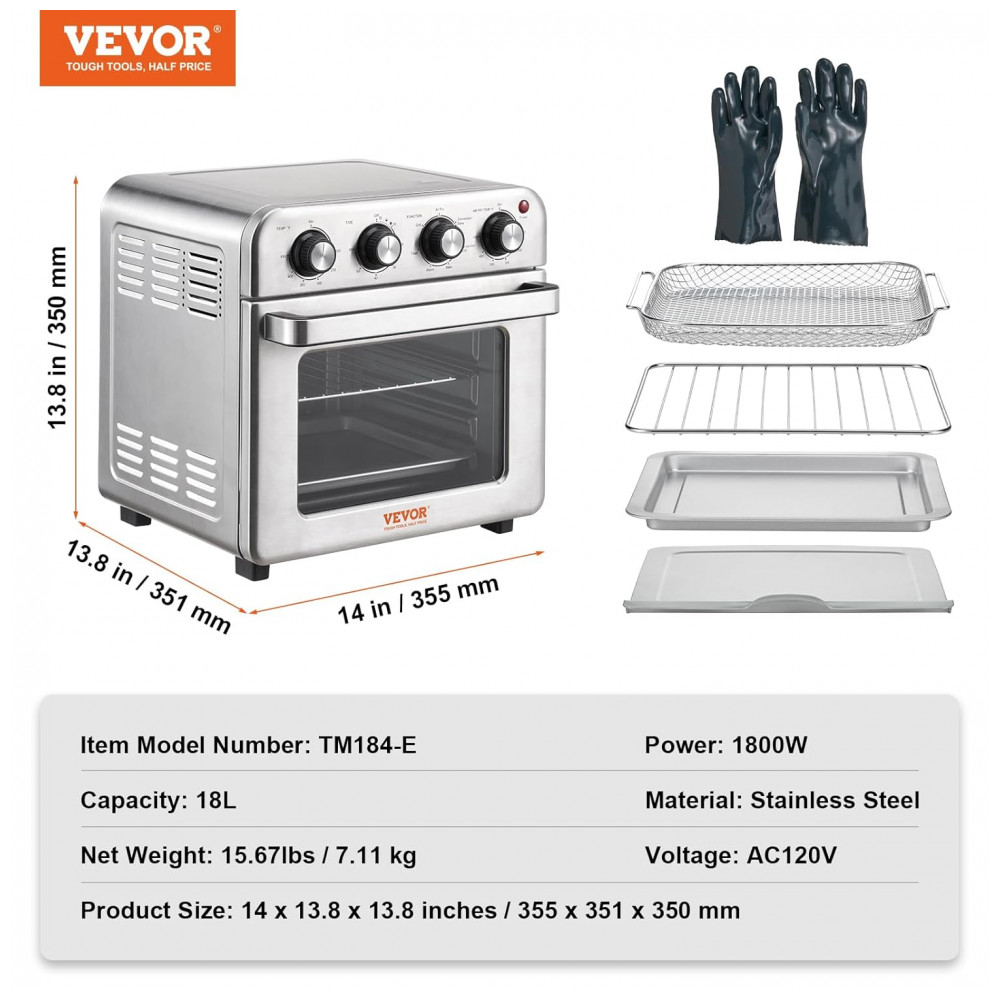 Forno Elétrico Air Fryer VEVOR 7 em 1, 18L, 1800W, Convecção 360°, Temporizador 60min, Aço Inox, Multiuso com Acessórios, 110V - Imagem 7