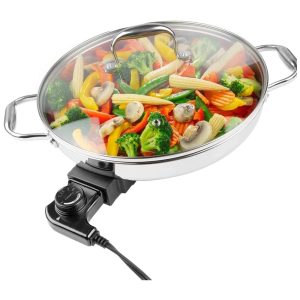 Frigideira Elétrica CucinaPro 1810 em Aço Inox c/ Tampa de Vidro Temperado 30cm Ø Controle de Temperatura Portátil - Prática e Versátil!