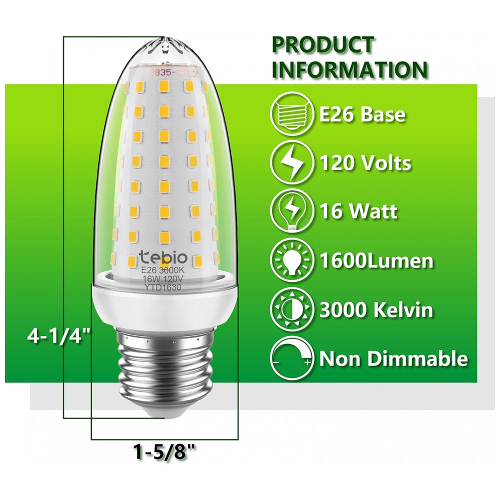 Lâmpada de Milho LED 16W Equivalente a 120W 1600 Lúmens Branco Quente 3000K E26E27 Lâmpadas de Vela LED para Casa Brilhante Pack de 4, Branco Quente 1 - Imagem 2