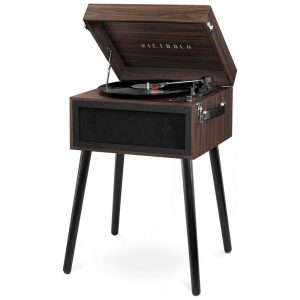 Toca Discos 5 em 1 com Base Bluetooth Rádio FM e Gravador USB Victrola VTA75ESP Marrom