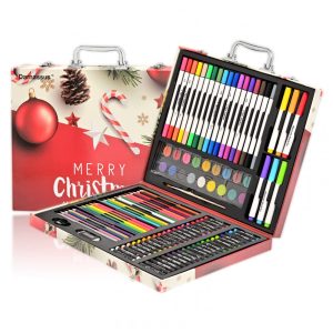 Kit Lápis de Cor Profissional Darnassus com Maleta de Madeira 132 peças Tintas Acrílicas Aquarela Vermelho