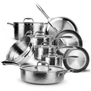 Jogo de Panelas e Frigideiras em Aço Inoxidável Triplo Revestido com Alça e Tampas Penduradas 14 Peças Imarku Prata
