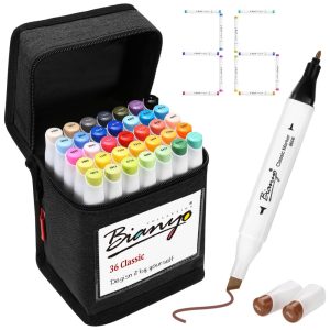 Conjunto de Canetas Artisticas á Base de Álcool 36 Cores com Estojo de Viagem e Cartão Projetável para Colorir Bianyo