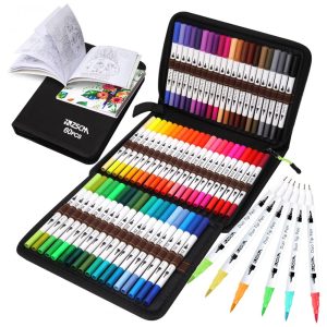 Conjunto de Canetas Artisticas 60 Cores com Pontas Duplas Estojo e Livro para Colorir ZSCM
