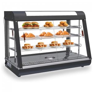 Aquecedor de Pizza Countertop Anpuce Preto Vidro Temperado Portas Deslizantes LED Horizontal 89x48x65 cm 110V 1500W para Buffet Restaurantes