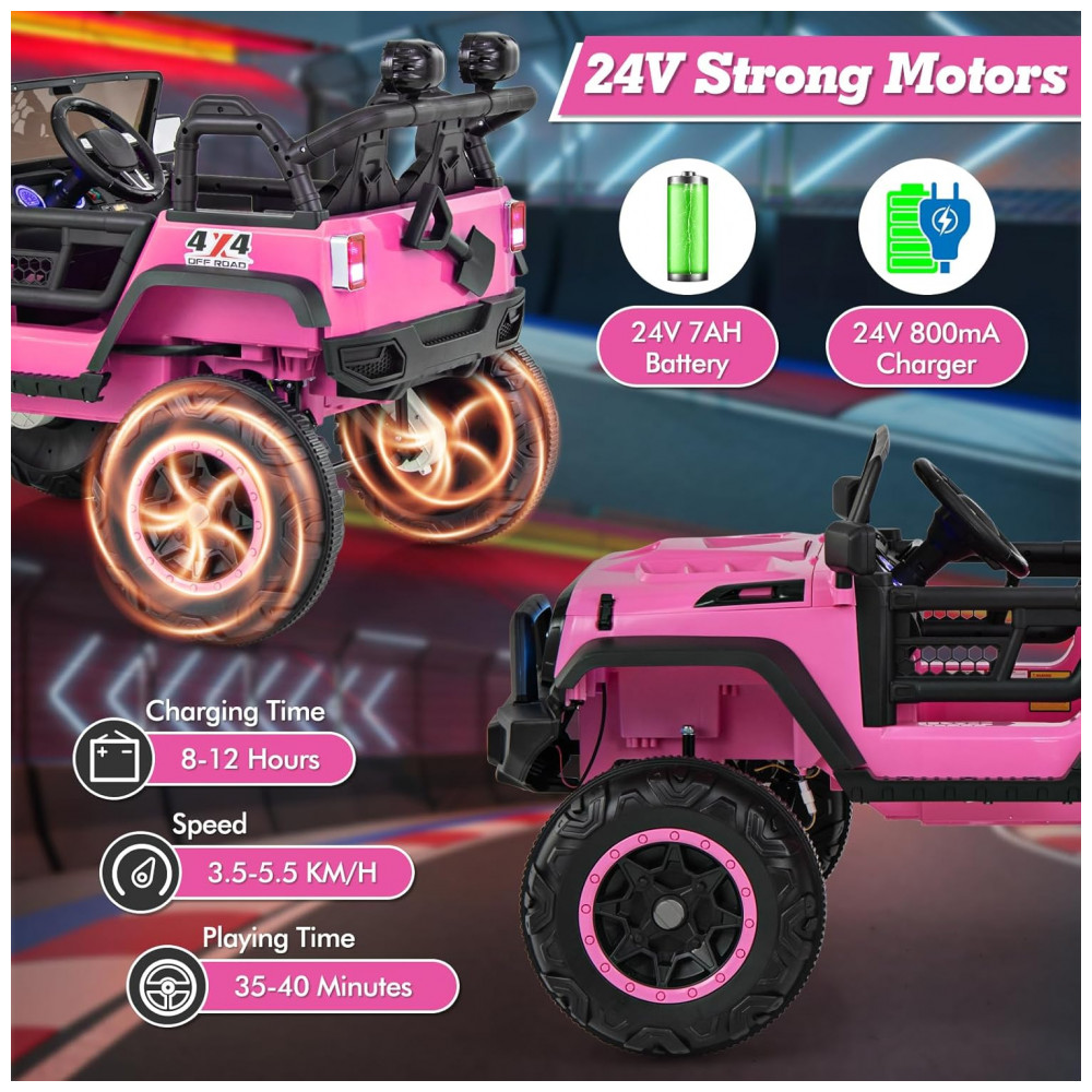 Carrinho Elétrico Infantil INFANS 2 Lugares 4x4 4 Motores 550W Jeep SUV MP3 USB Controle Remoto 24V Rosa - Imagem 3
