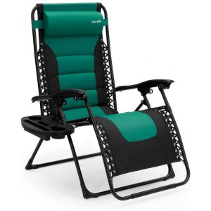 Cadeira Reclinável Ajustável Gravidade Zero com Mesa Lateral Almofada Removível e Porta Copos SereneLife Verde e Preto