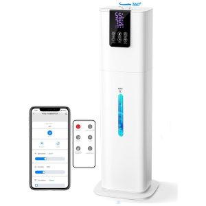 Umidificador 8L com Visor Digital 3 Modos de Névoa Temporizador até 12H Luz Ambiente Desligamento Automático Controle Remoto e por APP para Ambientes até 46m² 110V 25W Hiswelle Branco