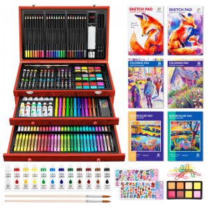 Kit Lápis de Cor Profissional com Maleta de Madeira 185 peças e 2 Livros de Esboço POPYOLA Marrom