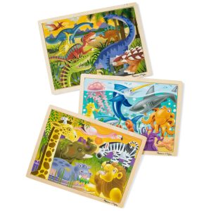 3 Quebra Cabeça Infantil de Madeira Temas Dinossauro Safari e Oceano para Crianças Acima de 3 Anos Melissa & Doug