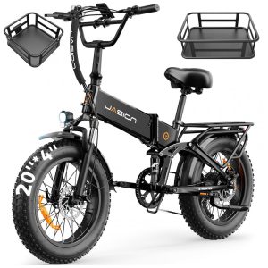 Bicicleta elétrica dobrável Jasion X Hunter preta com cestos motor 750W pico 1400W pneus 20x4 bateria 48V 13Ah suspensão dupla 110V