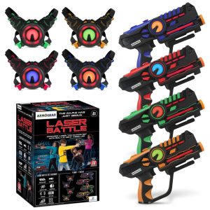 Pitolas de Laser Tag ArmoGear com 4 Peças Recarrregáveis e Coletes Para Jogos Multijogador Internos e Externos Alcance de 45 m Idade 8+ Anos