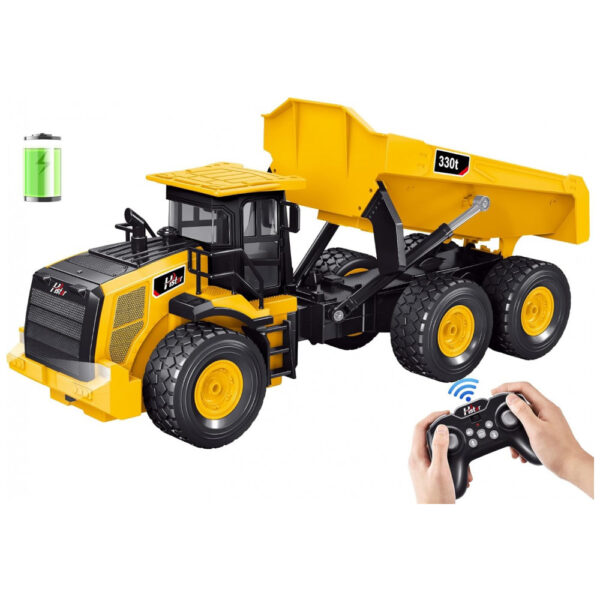 Caminhão Basculante de Controle Remoto 9 Canais Escala 1:18, Brinquedo de Construção Poderoso, com 6 Rodas, Luzes e Sons Realistas,