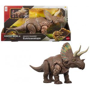 Dinossauro articulado Mattel Jurassic World Rebirth Gigantic Thrashers Eotriceratops com dois ataques pela cauda e integração digital via app