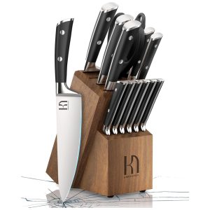 Conjunto de Facas com Bloco de Bancada Afiador Embutido e Cabo Ergonômico 15 Peças KnifeSaga Preta