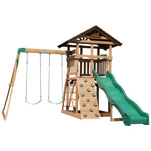 Playground Infantil de Madeira Cedro com Escorregador de 3 Metros 2 Balanços de Cinto e Parede de Escalada Backyard Discovery Verde