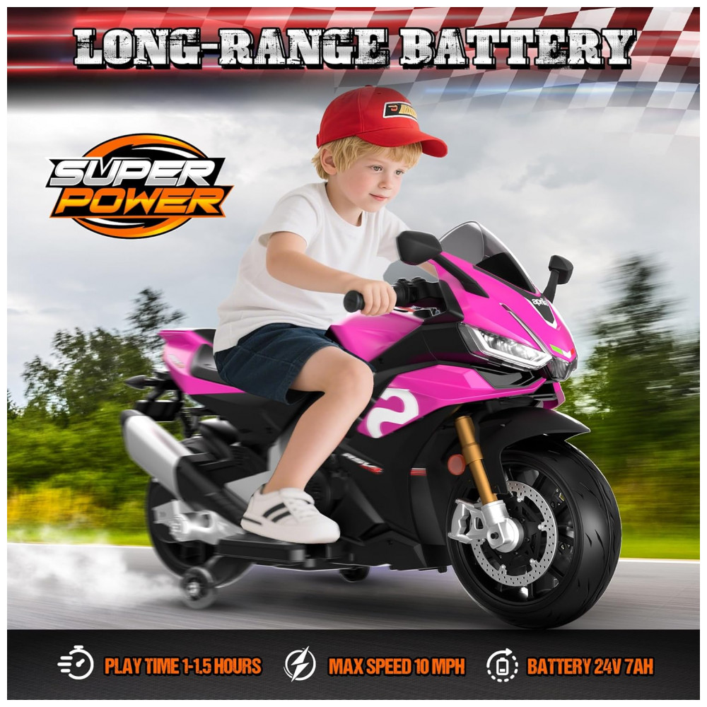 Moto Elétrica Infantil Letsgoride Aprilia RSV4 24V Rosa e Preta com Rodinhas de Treinamento Farol Música e USB 200W - Imagem 3