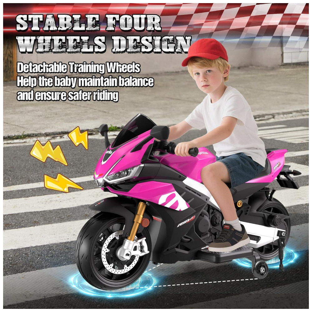 Moto Elétrica Infantil Letsgoride Aprilia RSV4 24V Rosa e Preta com Rodinhas de Treinamento Farol Música e USB 200W - Imagem 4