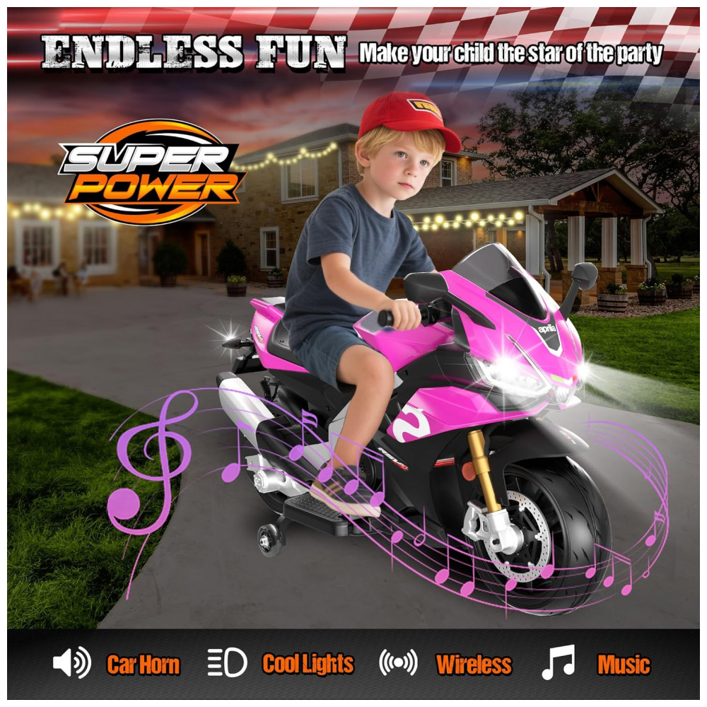 Moto Elétrica Infantil Letsgoride Aprilia RSV4 24V Rosa e Preta com Rodinhas de Treinamento Farol Música e USB 200W - Imagem 5