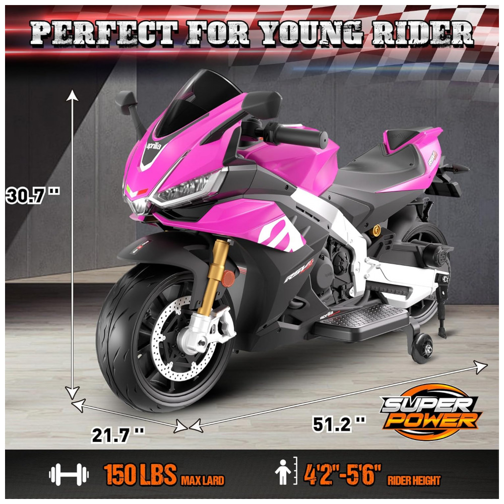 Moto Elétrica Infantil Letsgoride Aprilia RSV4 24V Rosa e Preta com Rodinhas de Treinamento Farol Música e USB 200W - Imagem 6