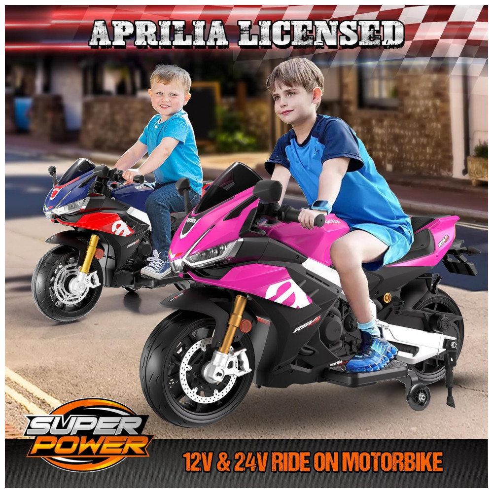 Moto Elétrica Infantil Letsgoride Aprilia RSV4 24V Rosa e Preta com Rodinhas de Treinamento Farol Música e USB 200W - Imagem 7