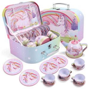 Jogo de Chá Infantil 14 Peças com Tema de Unicórnio e Maleta de Transporte para Crianças Acima de 3 Anos JOYIN Rosa