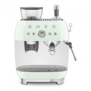 Máquina de espresso semi‑automática Smeg verde pastel retrô com moedor integrado duplo termobloco porta‑filtro 58 mm e reservatório 24L 110V