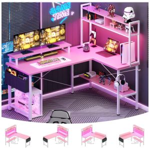 Mesa Gamer em L Aheaplus Rosa com Tomadas Elétricas Luzes LED Suporte para Monitor e Prateleiras 48 polegadas (121 cm)