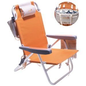 Cadeira de Praia Portátil com 5 Posições e Mochila para Bebidas Sunnyfeel Laranja