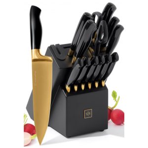 Conjunto de Facas Revestidas de Titânio com Bloco de Bancada e Afiador Embutido 14 Peças STYLED SETTINGS Preto e Dourado