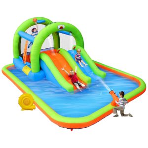 Parque Aquático Inflável com Tobogã Duplo Canhão de Água e Cesta de Basquete - Diversão Infinita para CriançasWELLFUNTIME