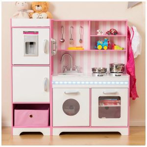 Cozinha Infantil com Luzes Caixa de Armazenamento Máquina de Fazer Gelo Forno Fogão e Utensílios de Cozinha HONEY JOY Rosa