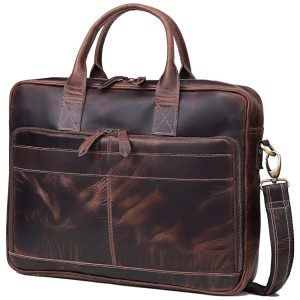 Bolsa Carteiro Masculina Couro de Búfalo para Laptop com 18 Polegadas VC VINTAGE COUTURE Marrom