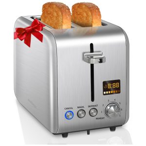 Torradeira Elétrica 2 Fatias com 7 Níveis de Tostagem Visor de LED Função Descongelar e Bandeja de Migalhas Removível 110V 900W SEEDEEM Prata