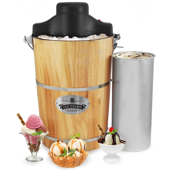 Máquina de Sorvete Elétrica Elite Gourmet EIM916X Old Fashioned 5,67 Litros com Balde Vintage de Madeira Appalachian, Inclui Manivela Clássica de Ferro