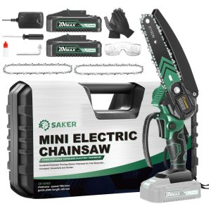 Mini Motosserra Elétrica Portátil para Poda de Galhos Movida a Bateria 20V Saker Verde