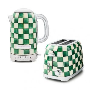 Conjunto chaleira elétrica e torradeira 2 fatias MacKenzie-Childs Emerald Check verde e branca inox 110V